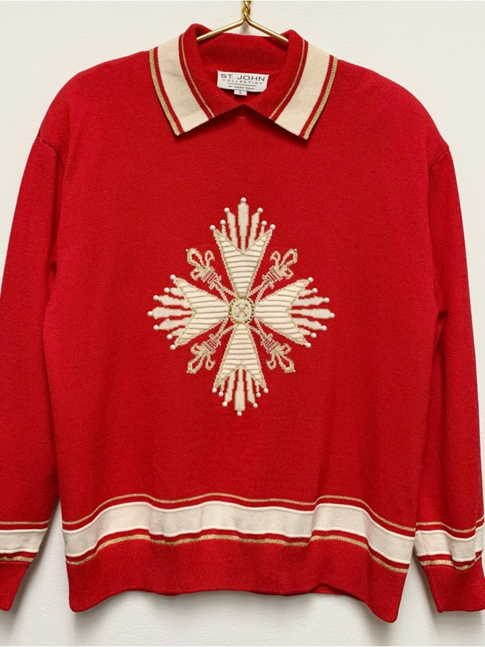 St John Collection Embellished‎ Polo Collared Sweater Size L Holiday Star Cross